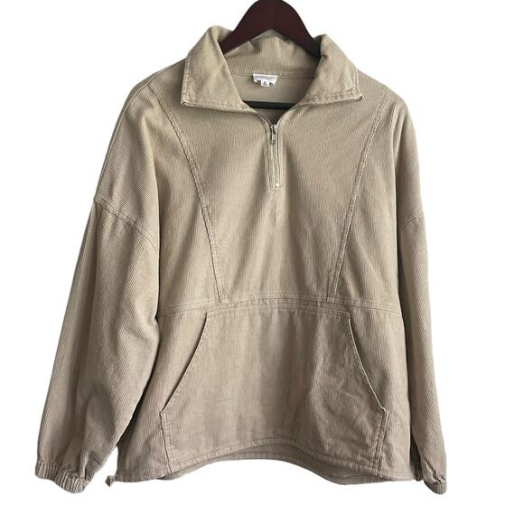 Le Lis Women‎ Top M Beige Collared 1/4 Zip Popover Corduroy Shacket Gorpcore - Picture 1 of 16